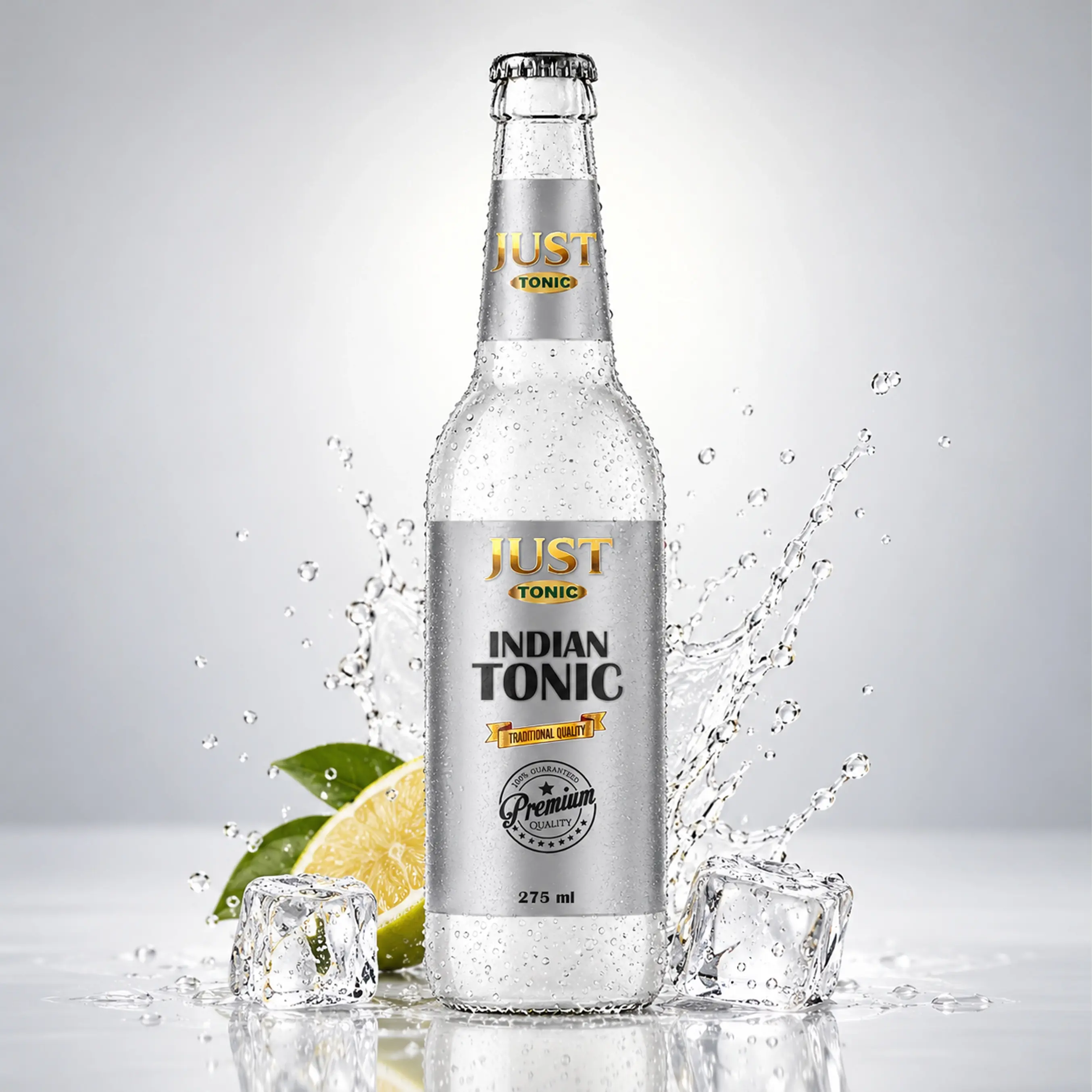 JUST Tonic Indian Tonic 275ml glass bottle with lemon, green leaves, ice cubes, condensation, and crisp water splashes.